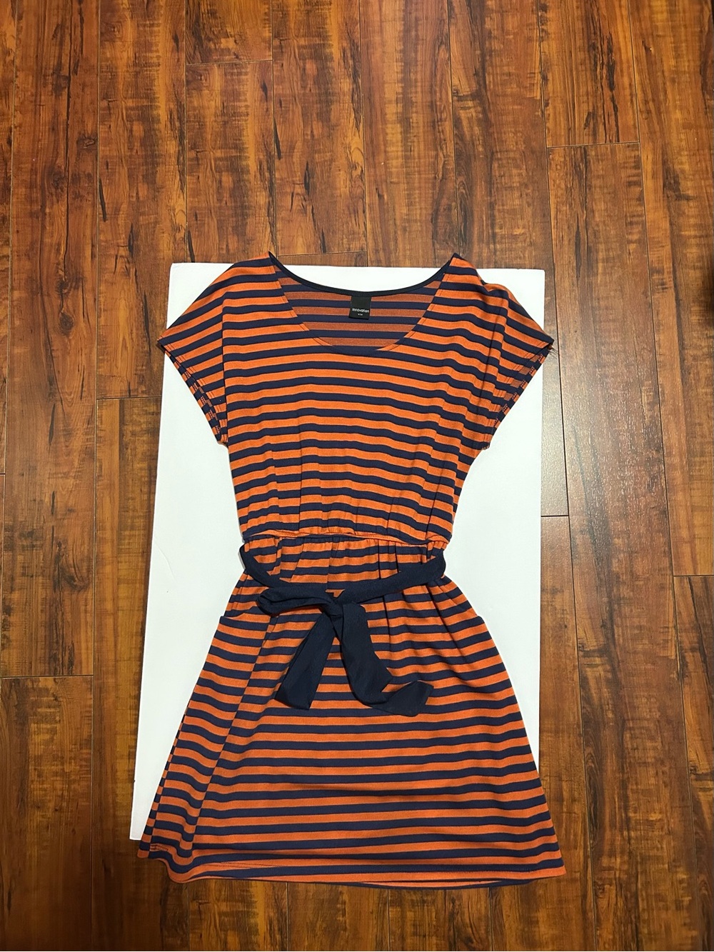 Striped Orange and Navy Belted Casual Dress
